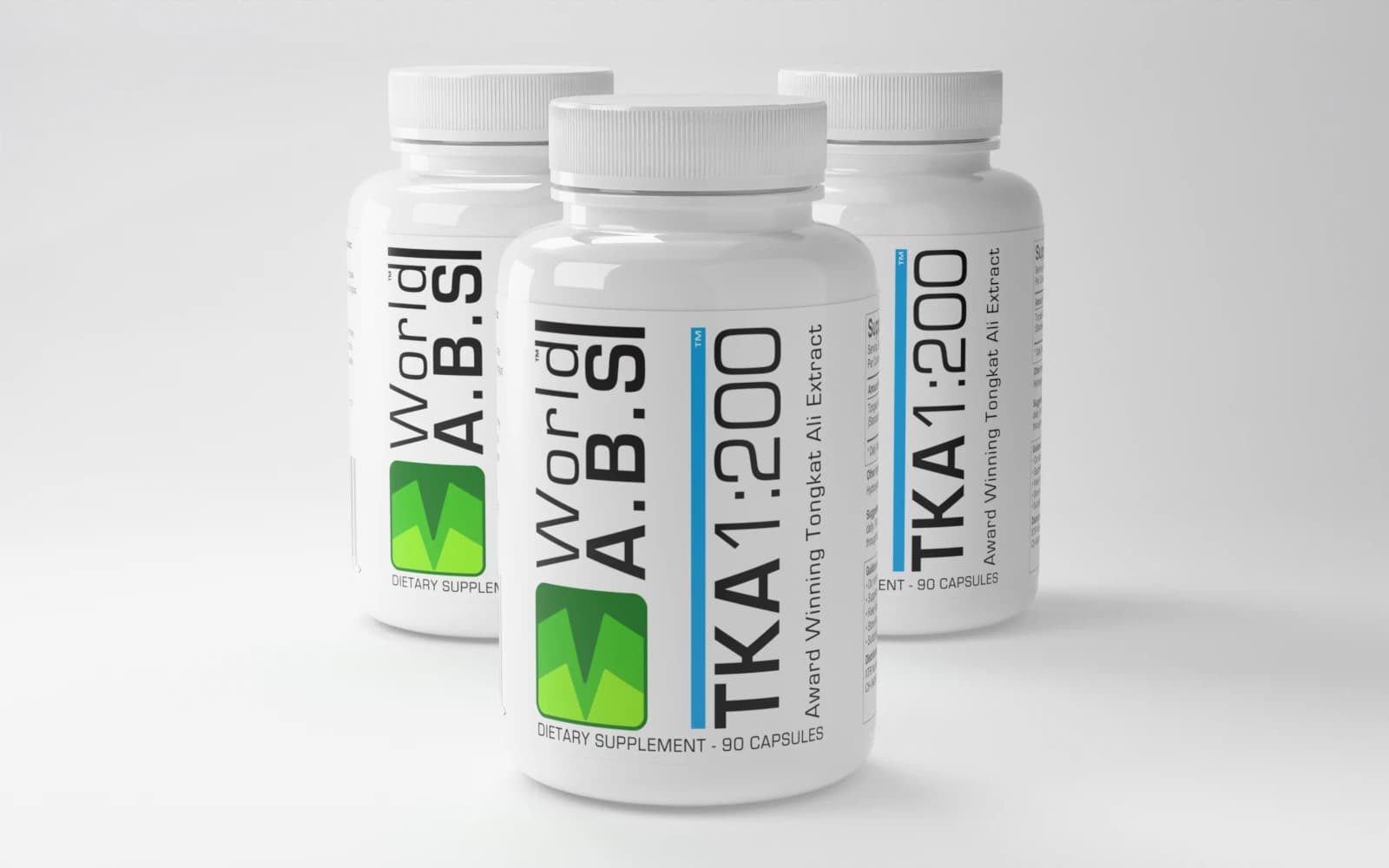 Three bottles of TKA1:200 standardised Tongkat Ali root extract on a white studio background